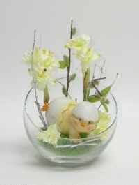 Jarná váza sklo, kuriatko+narcis 16x25cm